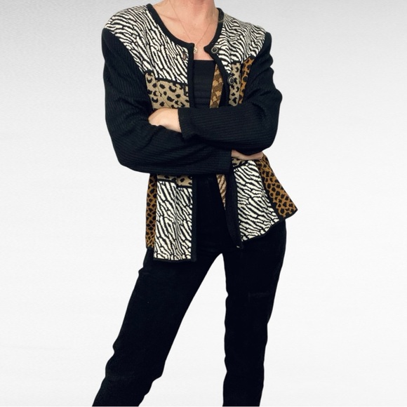 VINTAGE | Eric Steven | Animal Print Long Ribbed Sleeve Cardigan Sweater Jacket - Picture 6 of 7
